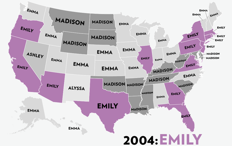 Illustration for article titled Map: Six Decades of the Most Popular Names for Girls, State-by-State